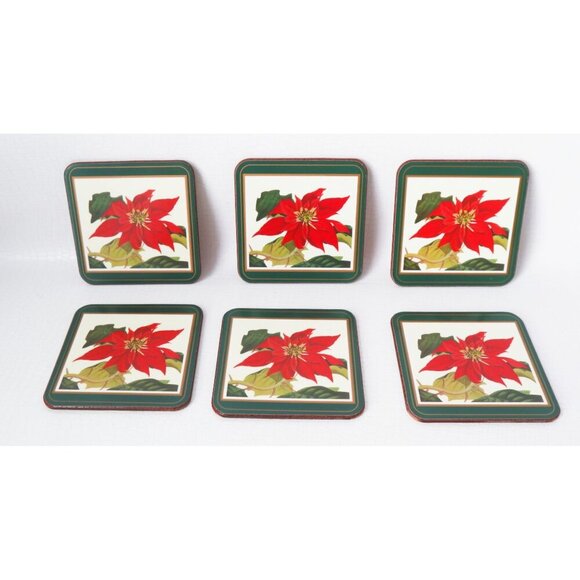 6 Vintage Pimpernel Poinsettia Christmas Coasters w/ box Barware Cork Backing - Picture 1 of 5